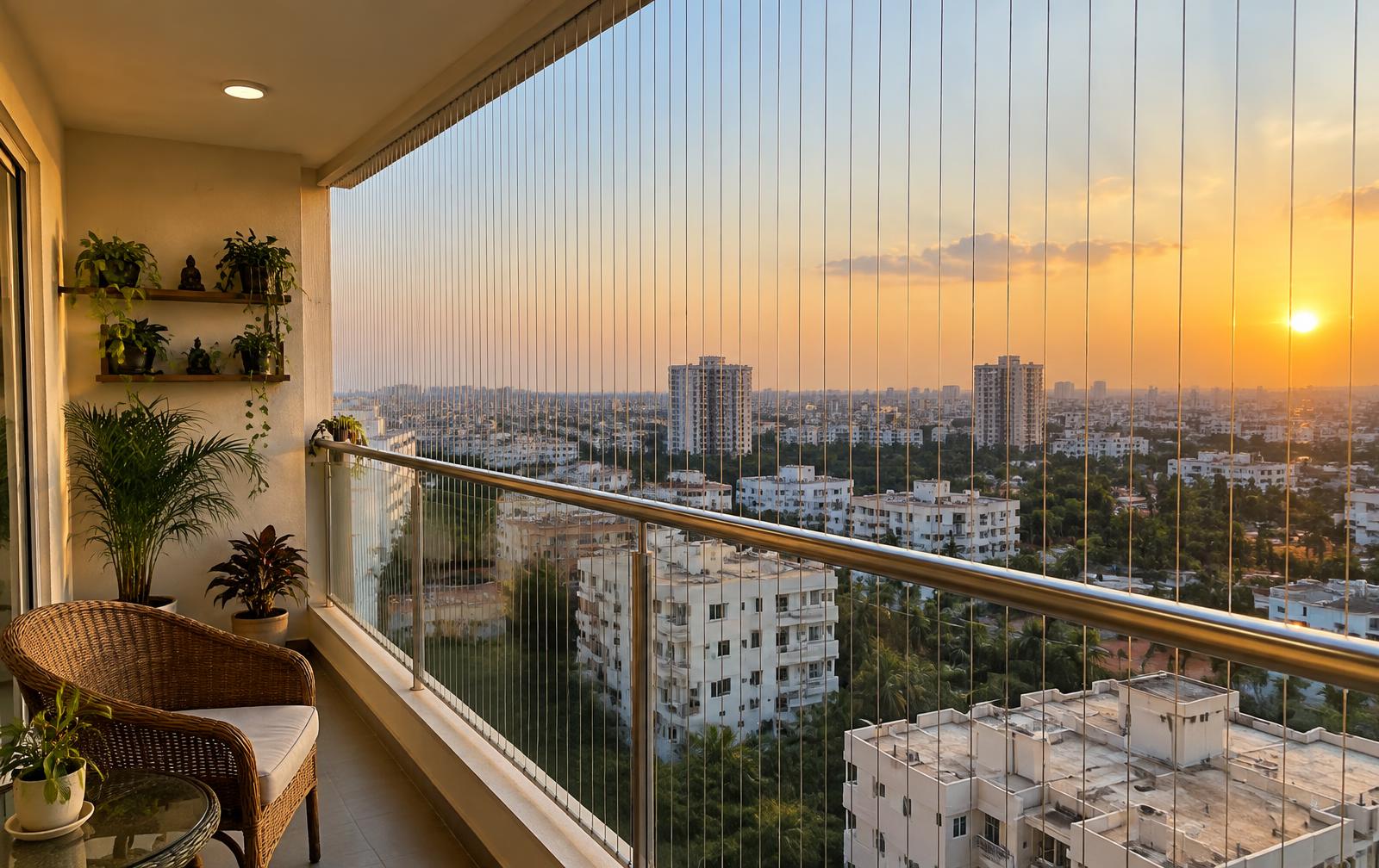 Invisible grill installed across a balcony with an open city view